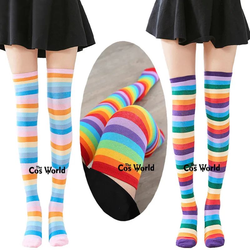 Girl Spring Autumn Rainbow Colorful Striped Thigh Highs Over The Knee Stockings Long Socks For JK School Uniform Student Clothes