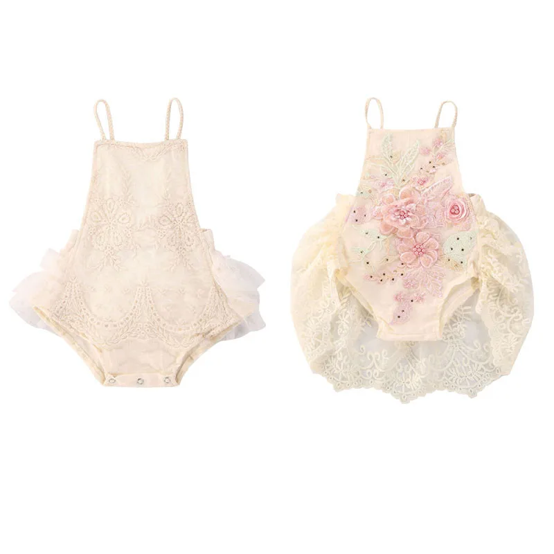 Summer Newborn Baby Girls Clothes Sleeveless Lace Crochet Flower Halter Neck Backless Romper Jumpsuits One-piece Outfit Sunsuit