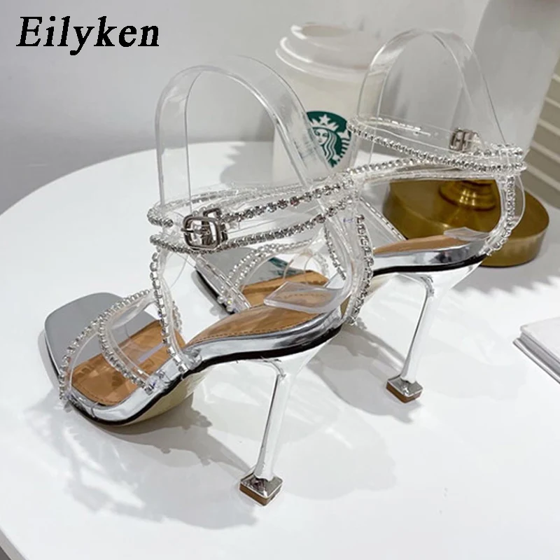 Eilyken Gold Silver PVC Transparent Women Sandals Sexy Square Toe Crysta High Heels Decoration Summer Party Shoes Size 35-42