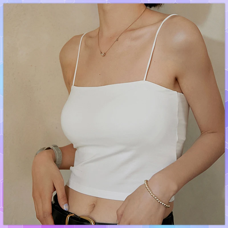 Women's Tank Top Solid Camis Vest Summer Sleeveless Crop Top Strap Basic Tops Seamless Camisole With Chest Pad Tube Top Female