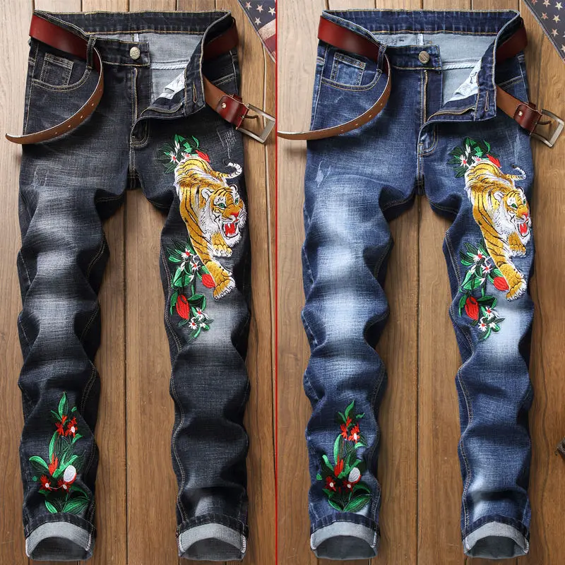 Men's Youth Slim Pants Straight Men's Trousers Stretch Embroidered Hole Fashion Tiger Embroidered Jeans  blue  black 2 color