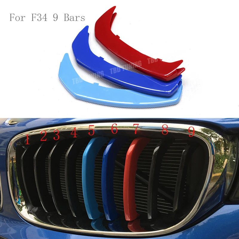 For BMW 3Series GT F34 F30 2012 2013 2014 2015 2016 2017 3Pcs Tri-Color Front Grille Trim Strip Cover Bumper Strips Cover Sticke