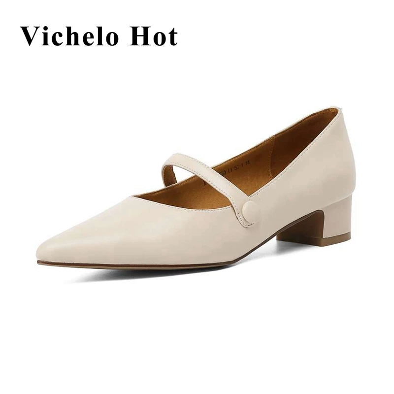 

Vichelo Hot full grain leather high quality brand shoes pointed toe med heels Korean girls simple style modern women pumps L03