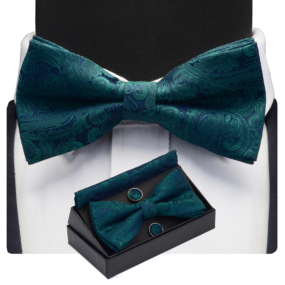 GUSLESON Men\'s Bow Tie Set Paisley Floral Bow tie Pocket square Cufflinks With Gift Box For Man Gold Red For Wedding