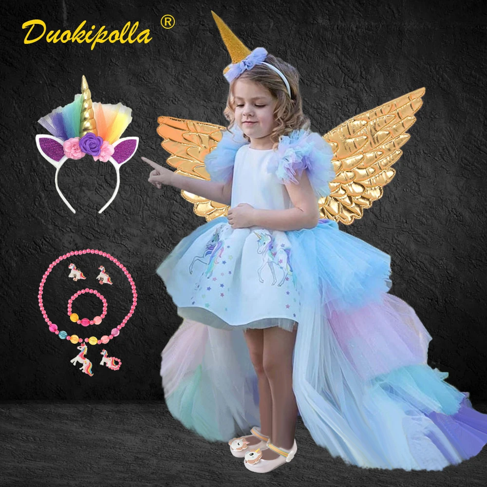 Kids Rainbow Unicorn Dress with Long Tails Angel Wings Party Dress for Girl Princess Costume Lol Ball Gown Baby Girls Pony Dress