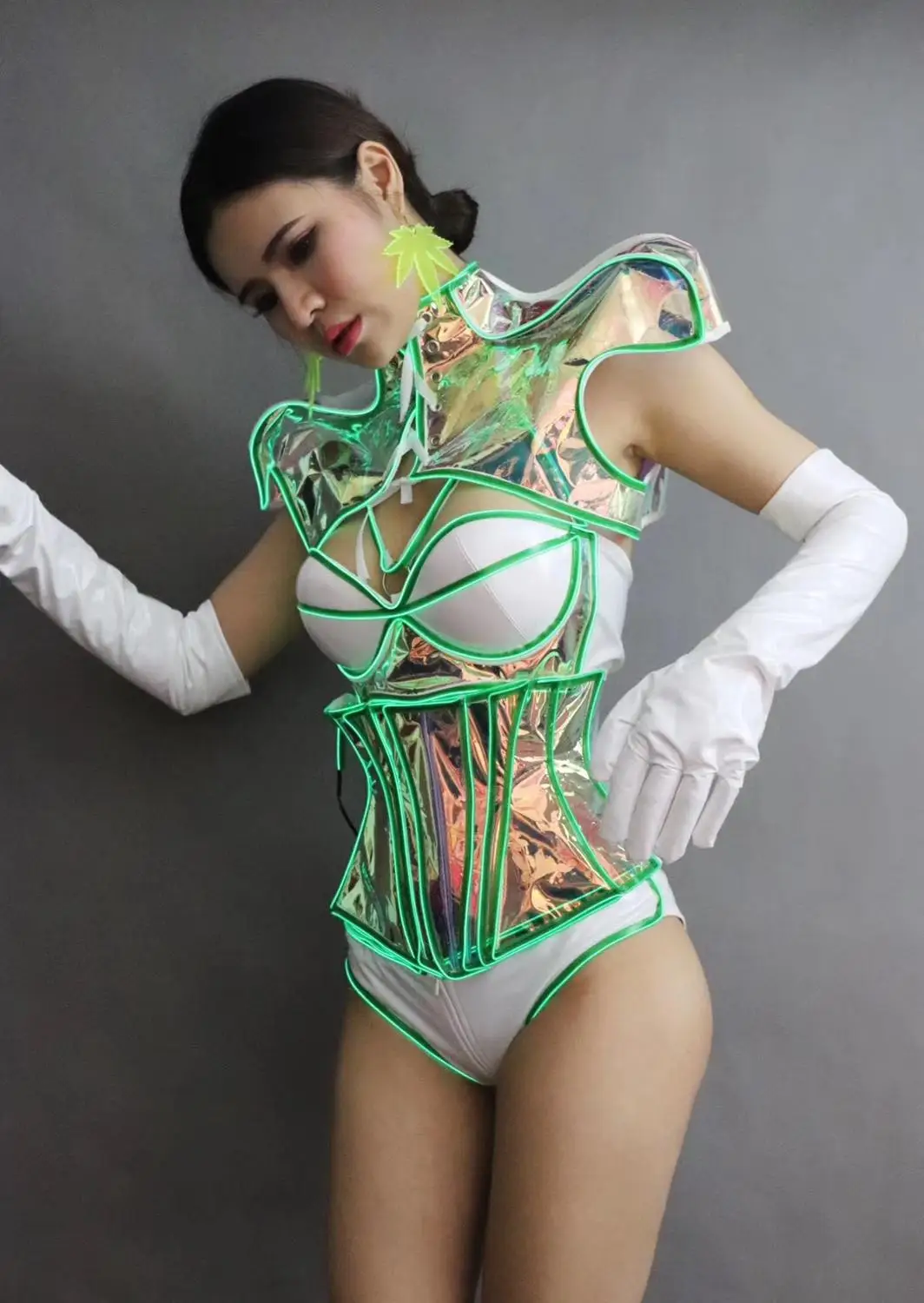 LED Luminous Transparent Dance Clothes Sexy Laser Leading Dancer Team Performance Stage Wear Festival Party Drag Queen Costume