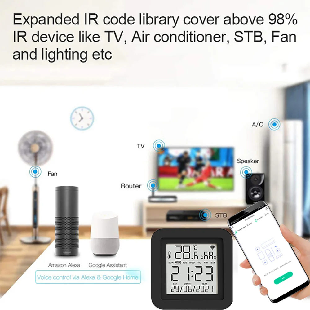 Tuya Smart Universal IR Remote พร้อมเซ็นเซอร์อุณหภูมิความชื้นสําหรับเครื่องปรับอากาศทีวี AC ทํางานร่วมกับ Alexa, Google Home Yandex