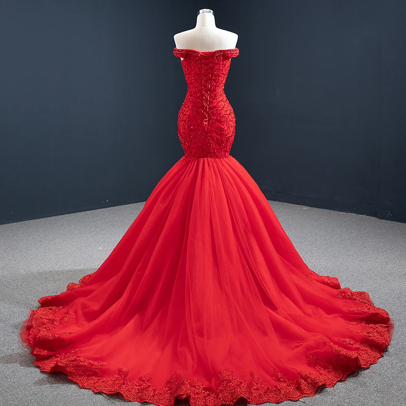 Robe de soirée de forme sirène rouge, Sexy, col en cœur, épaules dénudées, paillettes, perlage, J67150