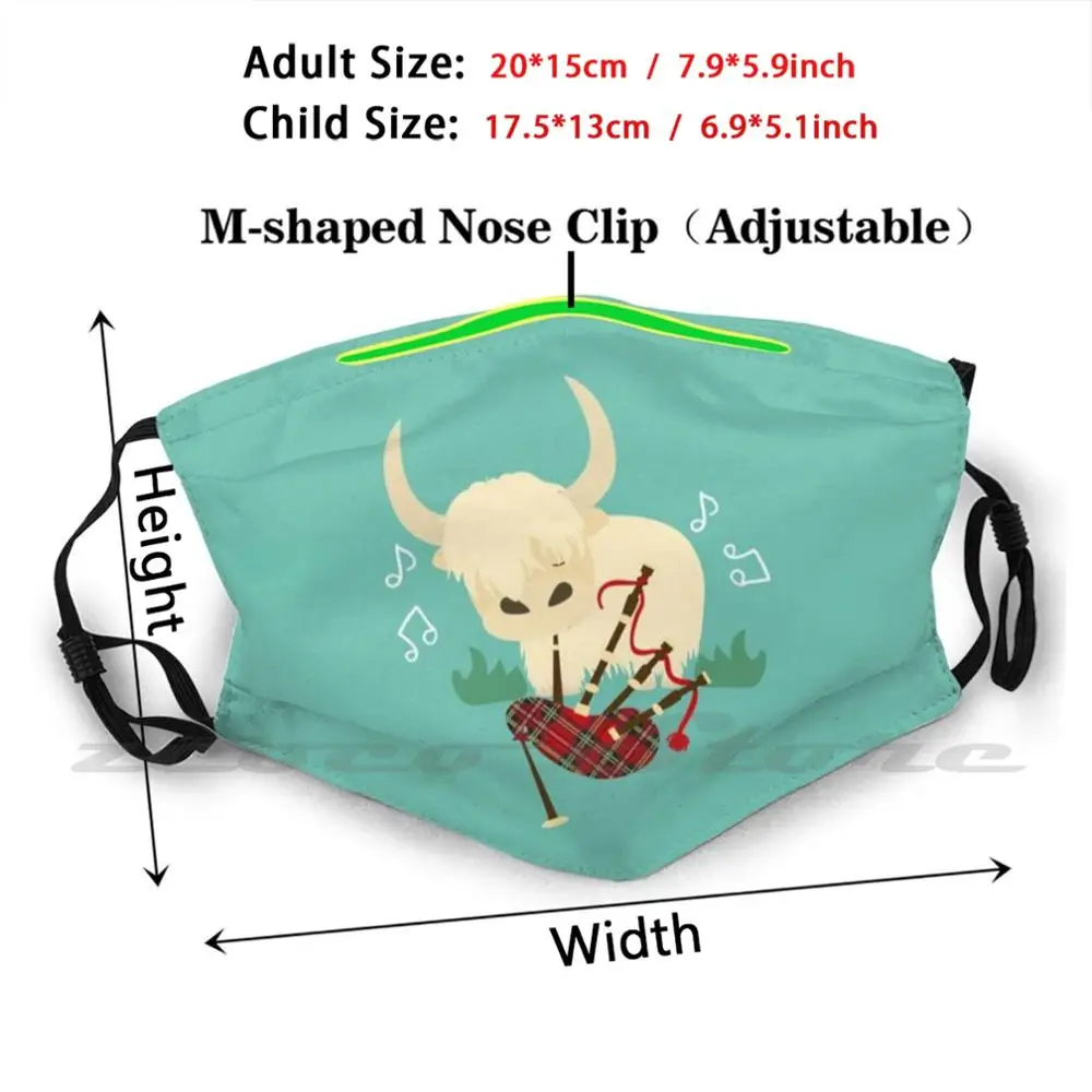 Highland Cattle Play Bagpipes-White Mask Cloth Washable DIY Filter Pm2.5 Adult Kids Highland Cattle Bagpipes Funny Highland