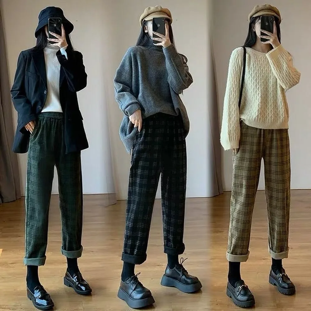 Corduroy Plaid Women Bottoms Pants Wide Leg Loose Fleece-Lined Autumn Winter Harem High Waist Straight Casual Pants Japan Style