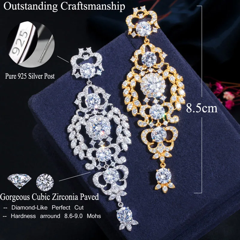 Pera Sparkling Cubic Zirconia Bridal White Gold Color Long Large Chandelier Drop Dangle Earrings for Wedding Women Jewelry E495