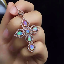 Vintage Gemstone Cross Pendant for Woman 100% Natural Opal Necklace Pendant Solid 925 Silver White Opal Pendant for Daily Wear