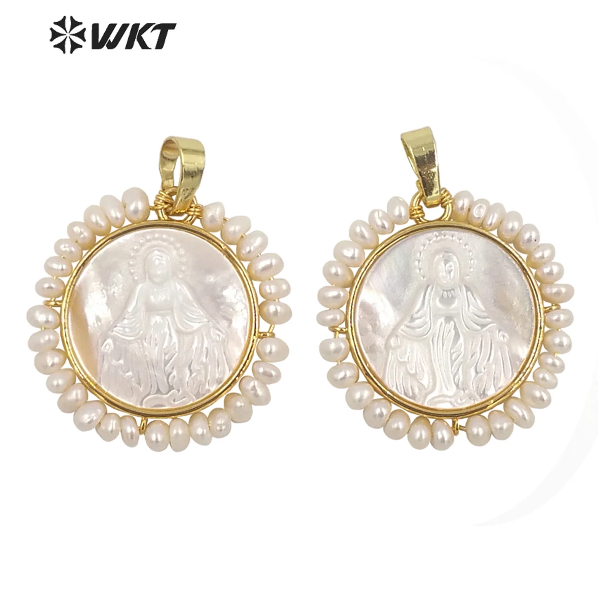 

WT-JP256 Wholesale fashion gold handmade tiny freshwater pearl round Mary religious pendant Women Christian Shell pendants