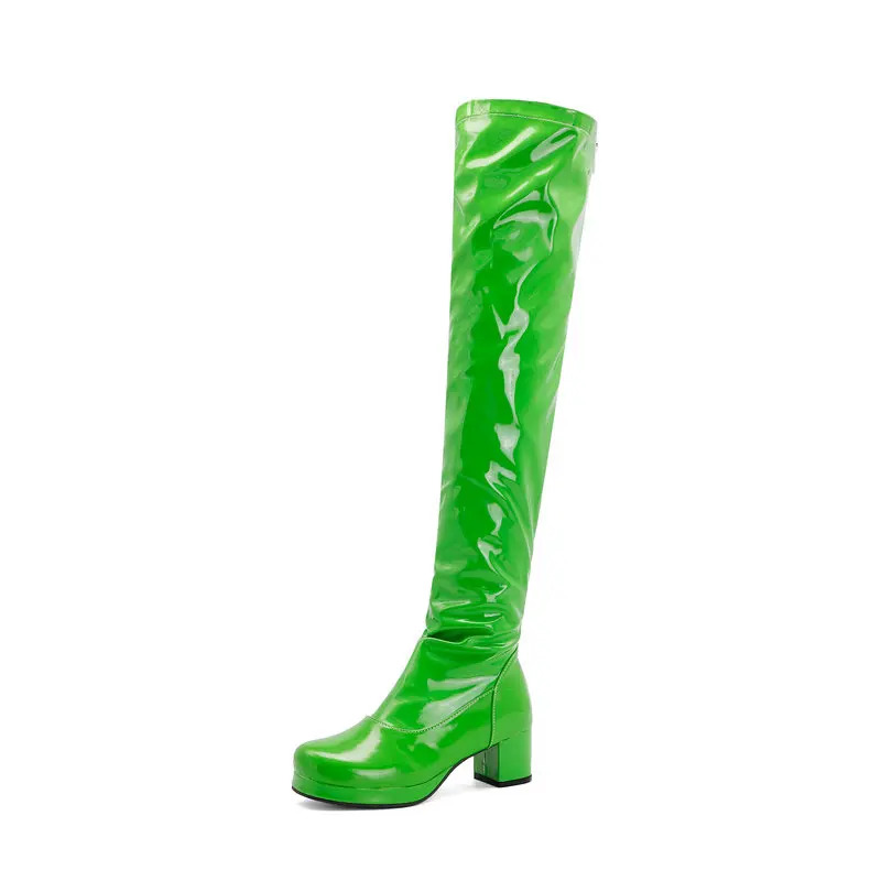 Patent PU Leather Women Over the Knee Boots Fashion Platform Thick Heel Ladies Long Boots Party Women Winter Shoes Green Yellow