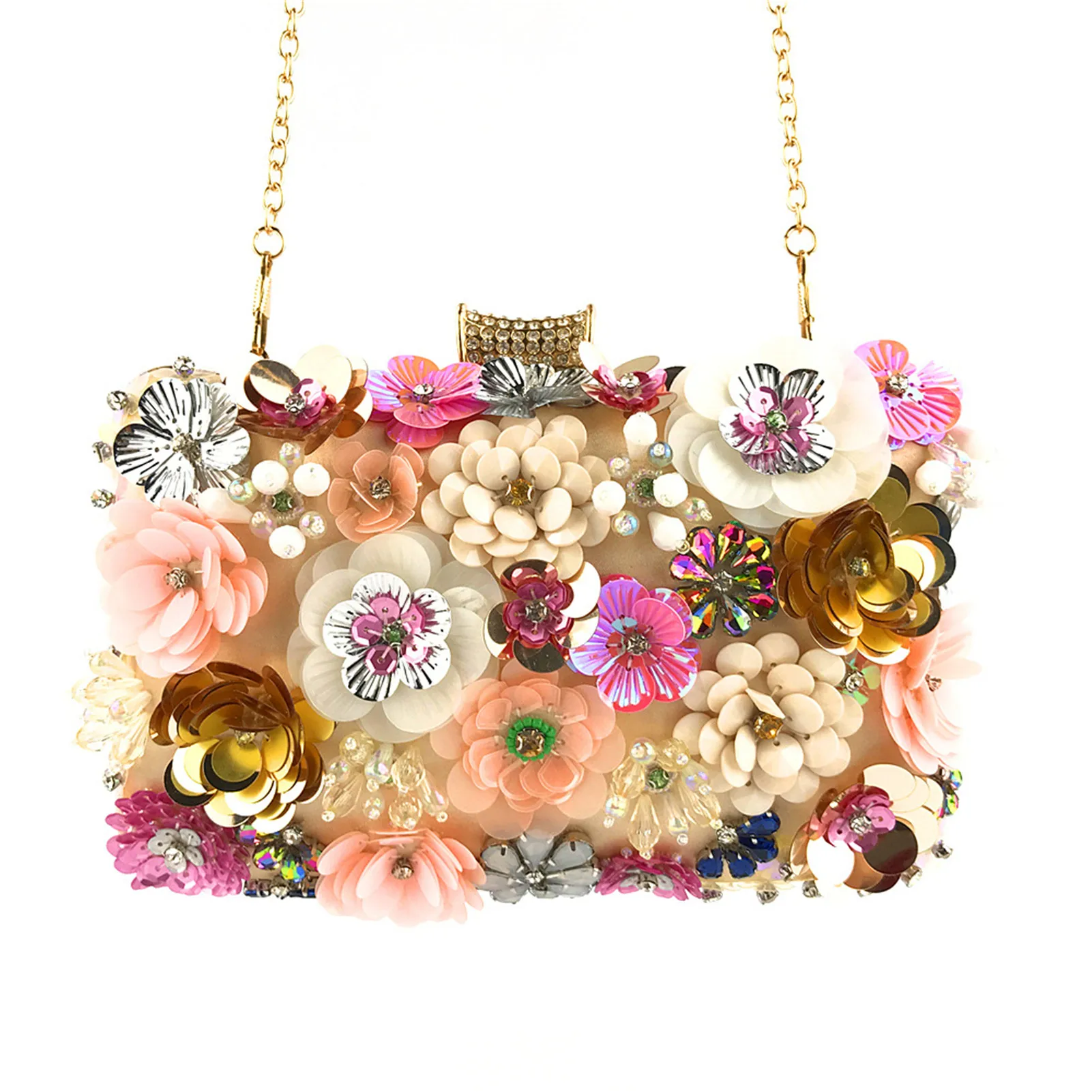 Bolso de noche de flores para mujer, cartera de mano con flores para boda, de piel sintética, para novia, con Flores de lentejuelas 3D