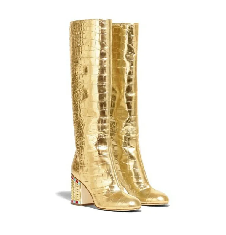 women boots gold Crocodile embossed crystal knee high boots fashion zip lady heels designer brand women shoes