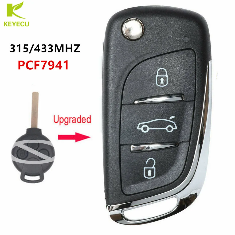 

KEYECU New Upgraded Flip Remote Car Key Fob 3 Button 315/433MHz Optional PCF7941 for Benz Smart Fortwo 451 2007-2013