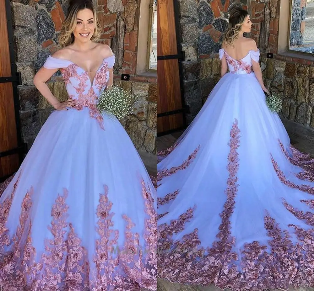 Vestido de baile árabe de quinceañera, elegante vestido de encaje rosa con hombros descubiertos de 15 años, de tul blanco hinchado, dulce vestido de 16 años 2020