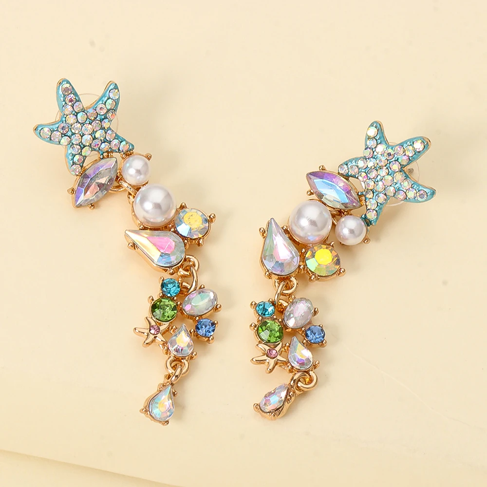 Fashion Bling Crystal Bead Pearl Flower Long Drop Earrings Metal Gold Plated Chain Earrings Women Summer Beach Jewelry 2022