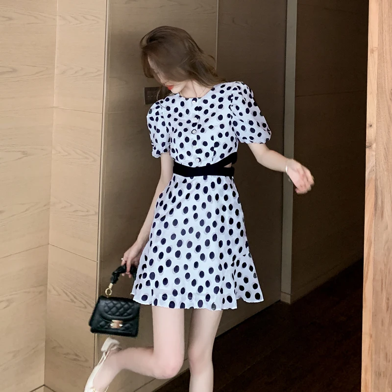 

Women's Elegant Mini Dress Dot Pattern Printed O-Neck Short Puff Sleeves Hollow Out High Waist A-Line Dresses Summer 2021