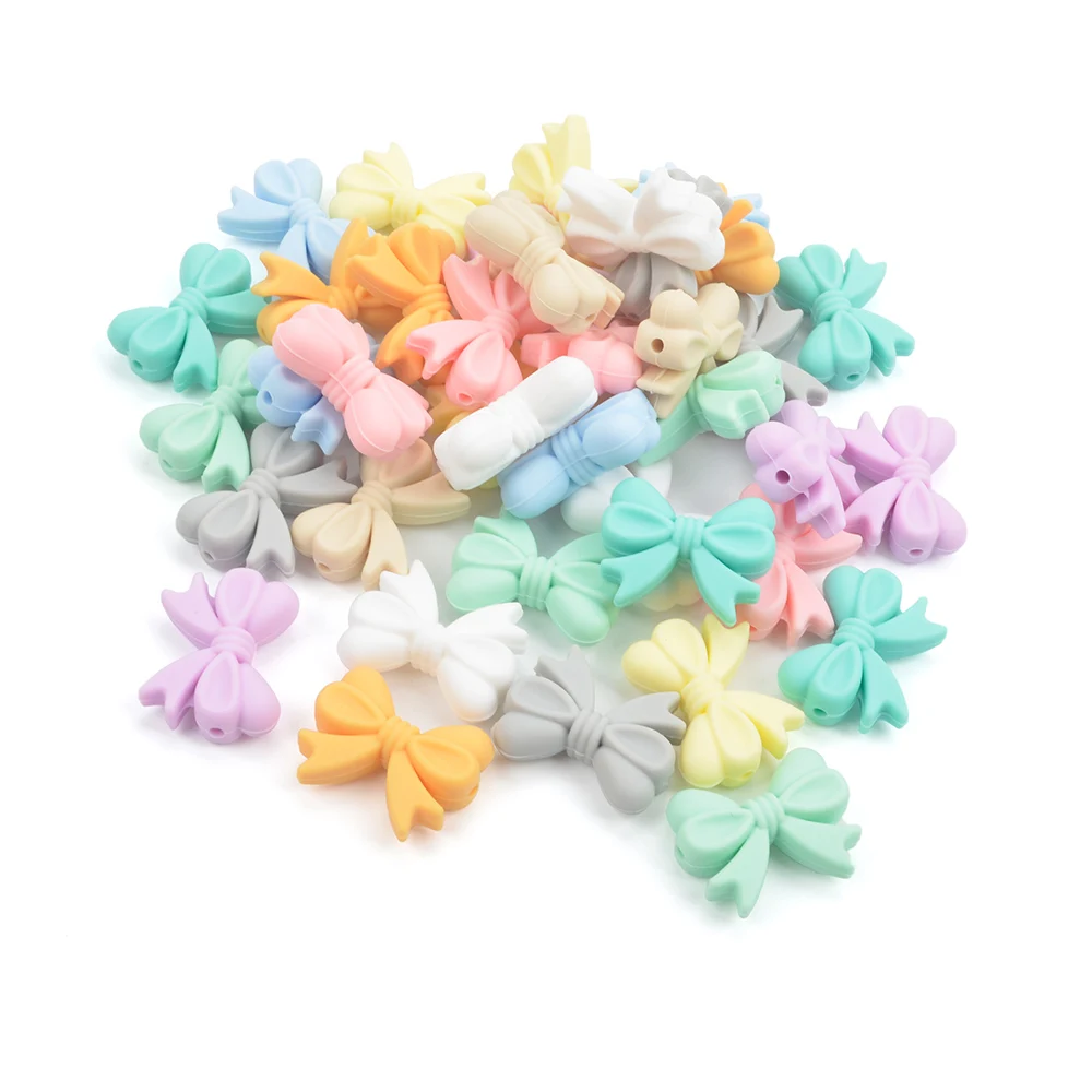 LOFCA 50pcs Bowknot Silicone Beads DIY Food Grade Silicone Teething Pacifier Cute Shaped Silicone teether Holder Accessories