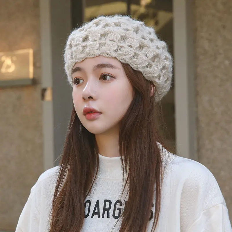 Handmade soft hallow out design beret cap for women Winter warm mohair artist knitted hat crochet gorros