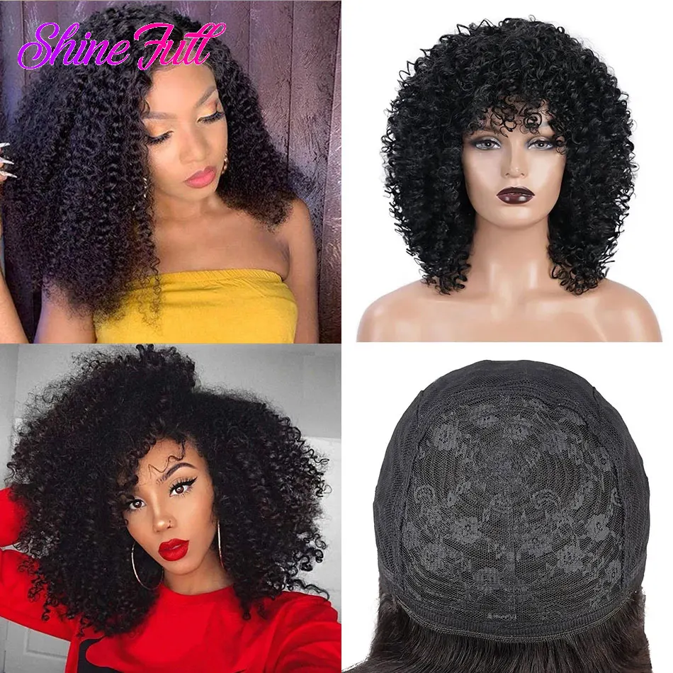 

ShineFull Full Machine Wigs Brazilian Kinky curly Hair 100% Human Hair Wigs With Bangs Pre Plucked For Black Women Remy Hair