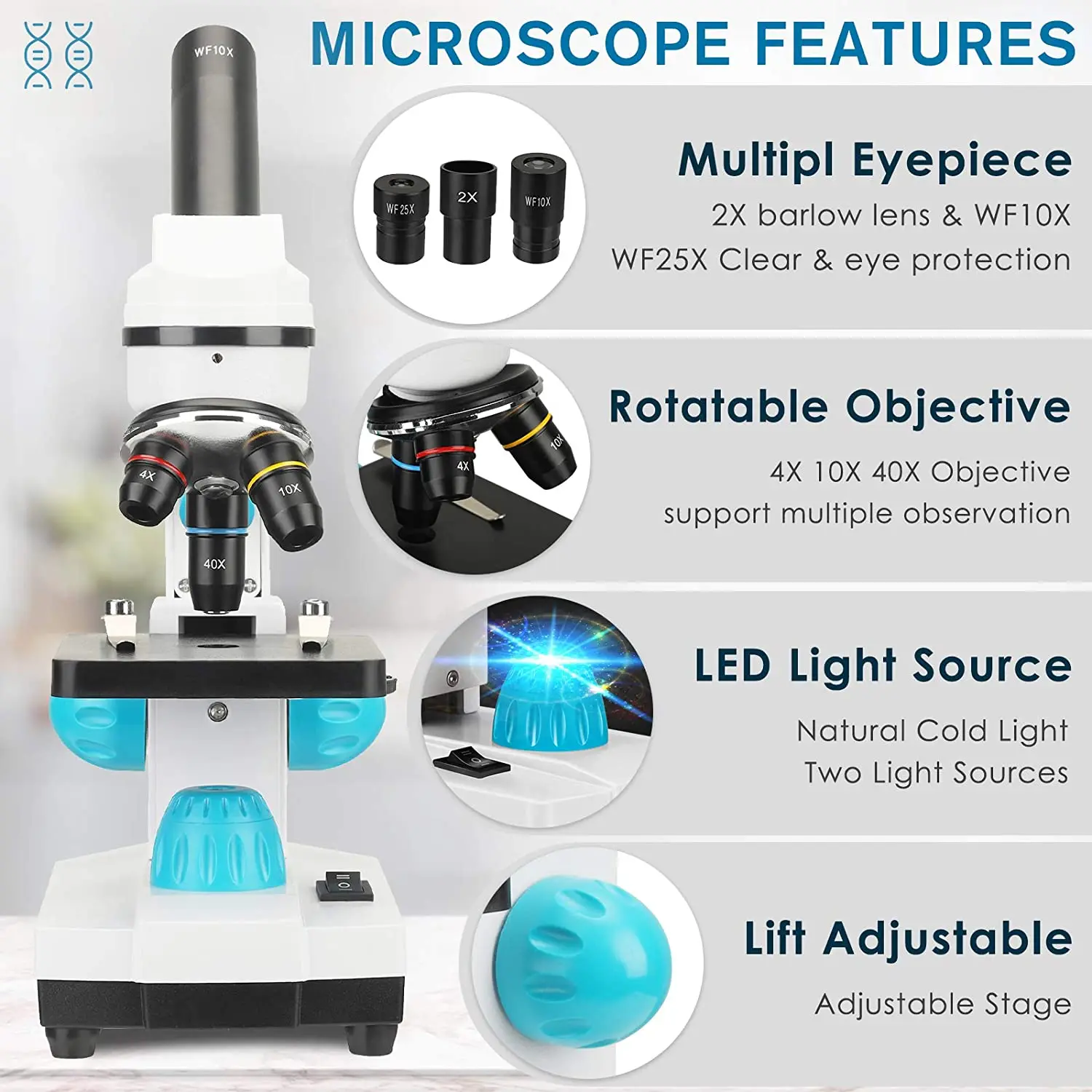 40x-2000x Microscope Professional Biological Laboratory Microscopes Kit for Children Student with WF25X/WF10X/2X Eyepiece