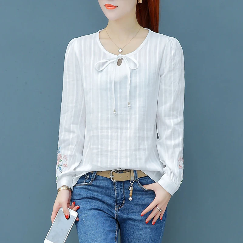 100% Cotton Linen White Shirt Women Long sleeve Embroidery Front Bow Tied Elegant Ladies Office Basic Blouse Plus size Tops