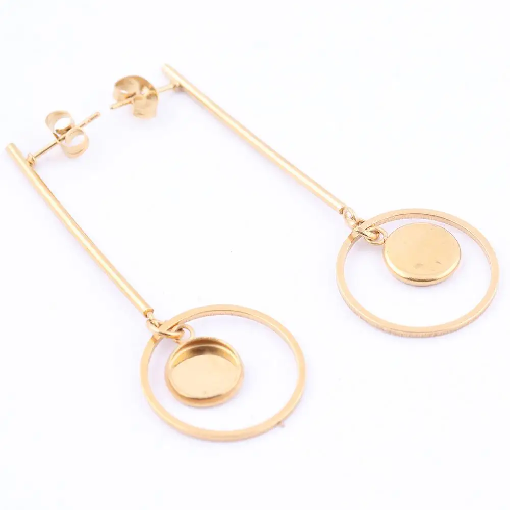 6pcs Gold Plated Dangle Bar Cabochon Earring Blanks 8mm Dia Base Setting Trays With Circle Hoop Charms Diy