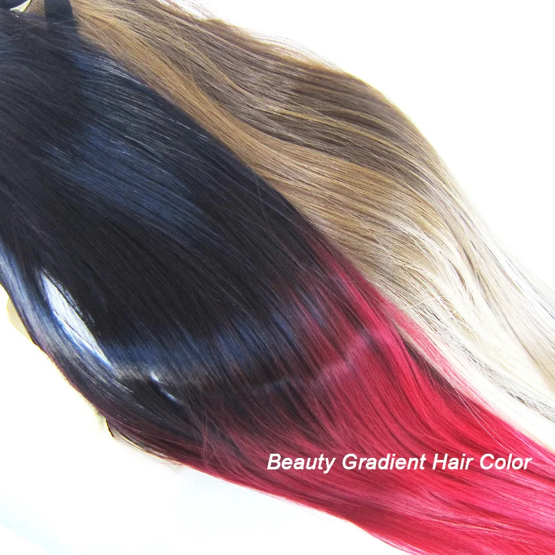 Long Straight Clip on Hair Tail Extension Synthetic Heat Resistant Gradient Color Ponytail Hiarpieces