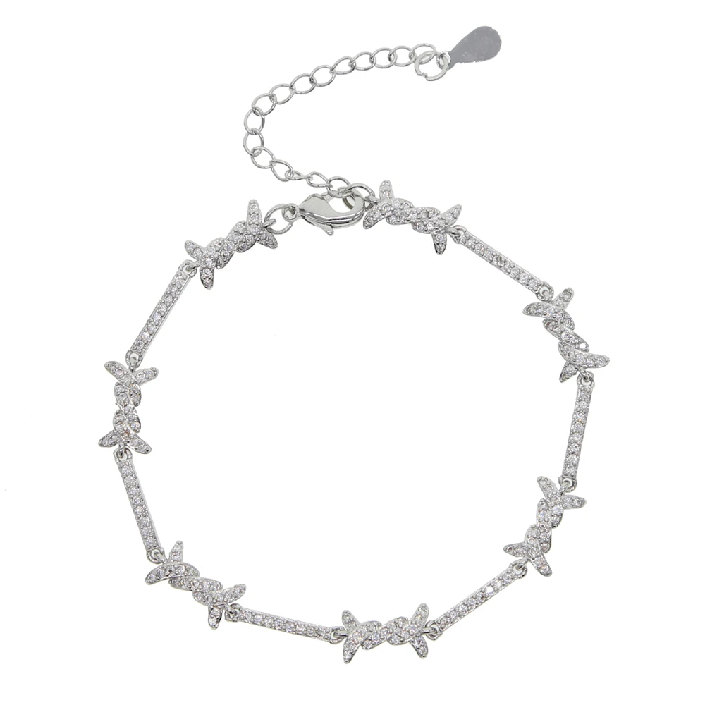 High Quality Clear CZ Barbed Wire Charm Link Chain Bracelet 15+4cm Adjusted Silver Color Delicate Fashion Jewelry For Women