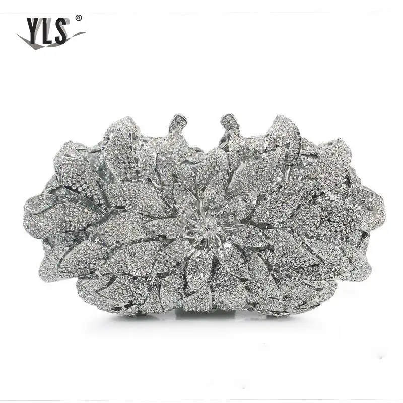 Ladies Multicolor Silver Gold Crystal Clutch Evening Bag Luxury Women Wedding Party Flower Rose Diamond Handbag Purse Bolso