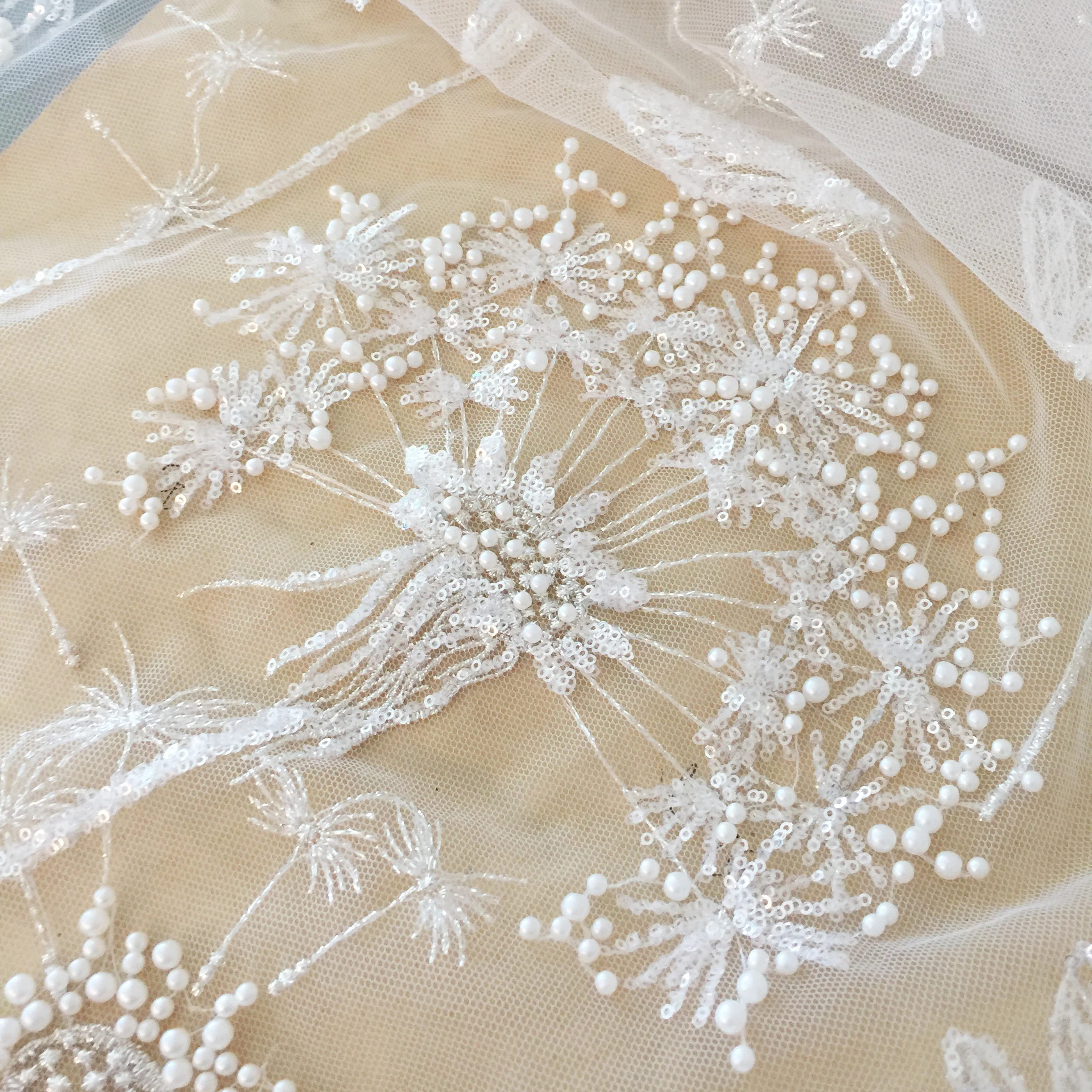 Ivory 3D Beaded Tulle Lace Fabric with Dandelion Dragonfly Haute Couture Weddiing Gown Beach Dress DIY Flower Fabric by Yard