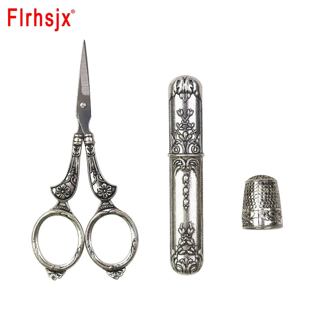 3pcs Pack European Vintage Sewing Kits Metal Sewing Scissors Thimble Needle Case Cross Stitch Embroidery Sewing Craft Tools