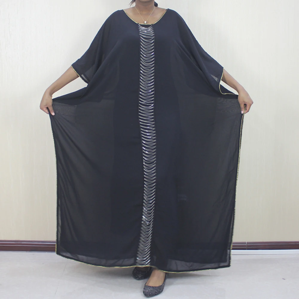 

African Maxi Dresses For Women High Quality Polyester Tulle Elegant Sexy Sequins Batwing Sleeves Long Robe With Inner Strap