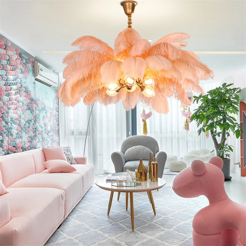 

Nordic All-copper Ostrich Feather Chandeliers Princess Room Bedroom Lamp Designer Home Restaurant Hanging Lights Fixtures