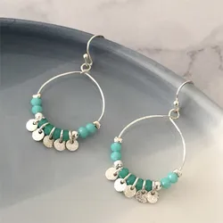 Trendy Women Cute Hoop Earrings Light Blue and Light Green Beads with Small Disk Charm Hoop Earrings