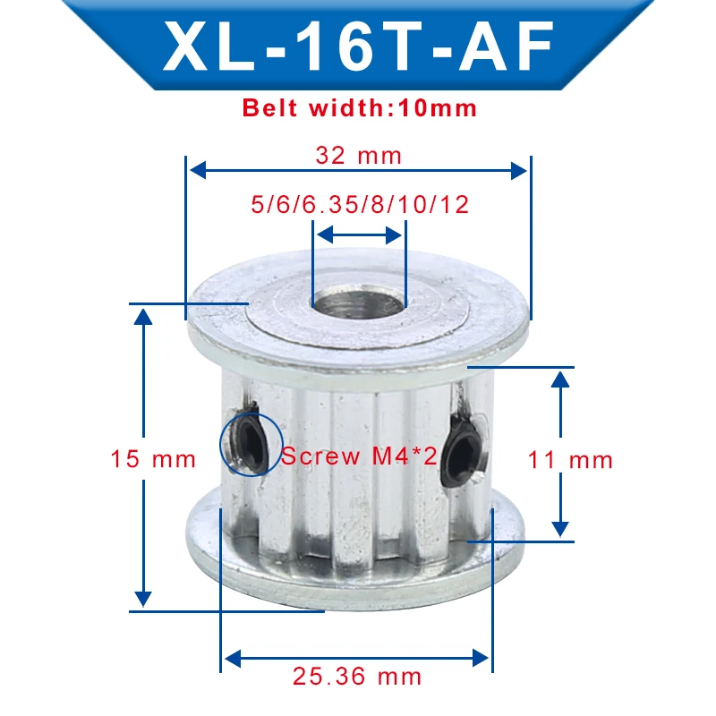 

Pulley XL-16T Inner Bore 5/6/6.35/8/10/12 mm Aluminum Material Belt Pulley AF shape Slot Width 11 mm Fit For XL-10mm Timing Belt