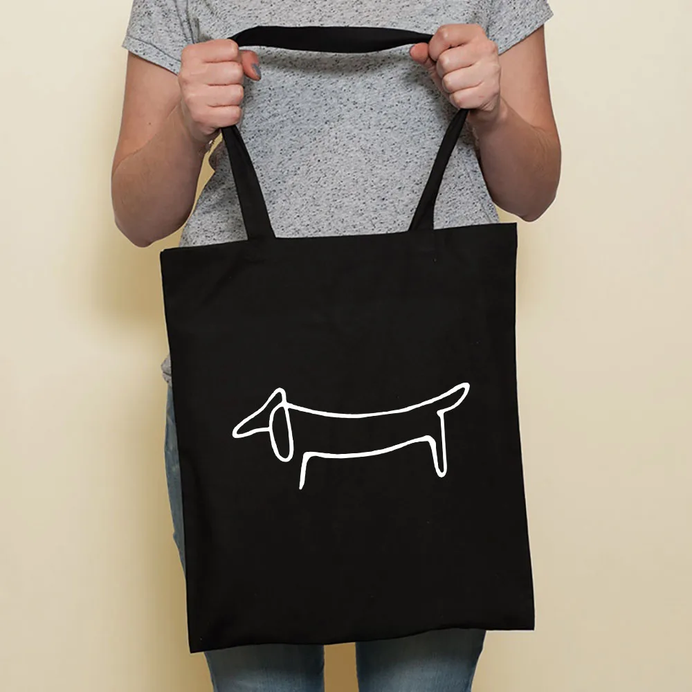 Cute Dog Harajuku Fashion Shopping Black Bags Canvas Tote Bag Bulldog Mom Dachshund Reusable Cloth Bag Handbag Shoulder Bags