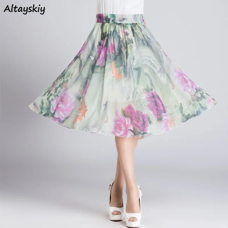 Summer Chiffon Skirts Women Knee-length Prairie Chic Print Loose Elastic Waist Empire A-line Elegant Fashion Retro Folds Ladies