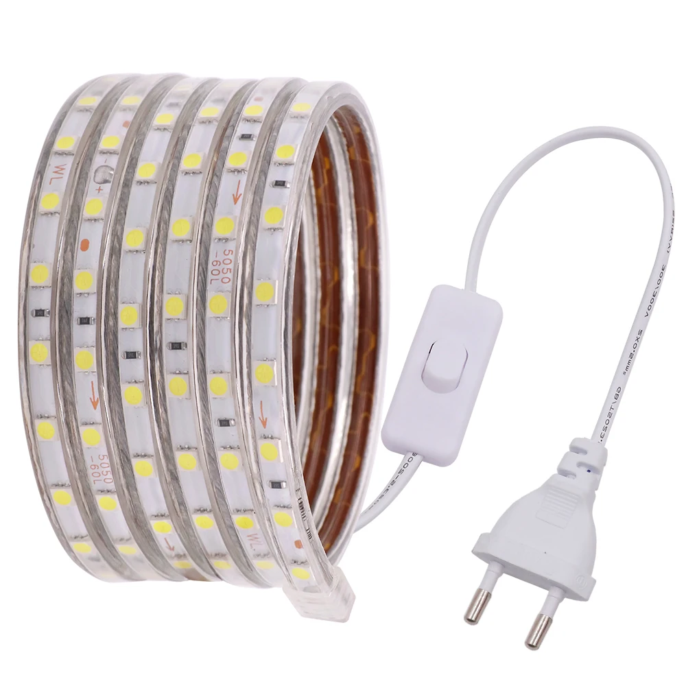 

220V 5050 LED Strip Light Waterproof 60Led/m 1m 5m 10m 15m 20m 100m Warm White/White/RGB Flexible LED Ribbon With Switch Power