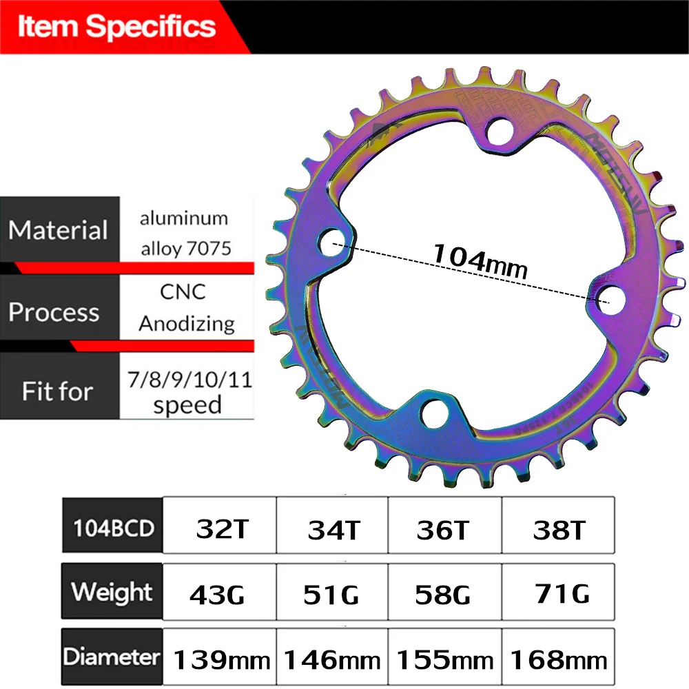 MOTSUV Bicycle Narrow Wide Chainring 104BCD electroplating colorful MTB 32T 34T 36T 38T Round Oval Positive negative Chainwheel