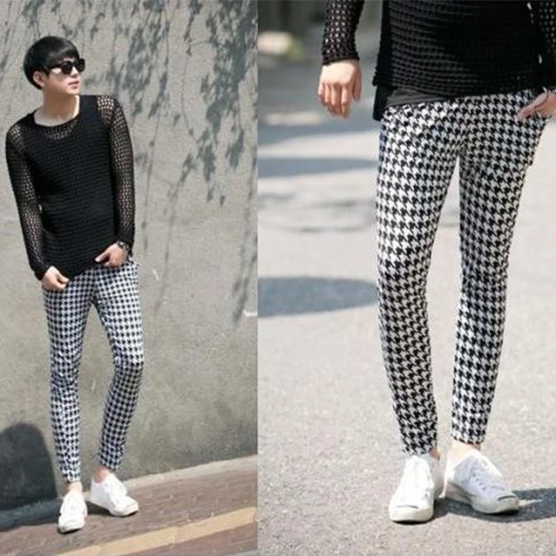 

Korean large size men's men's fashion houndstooth tide men's pants summer harem pants casual trousers performance nightclub