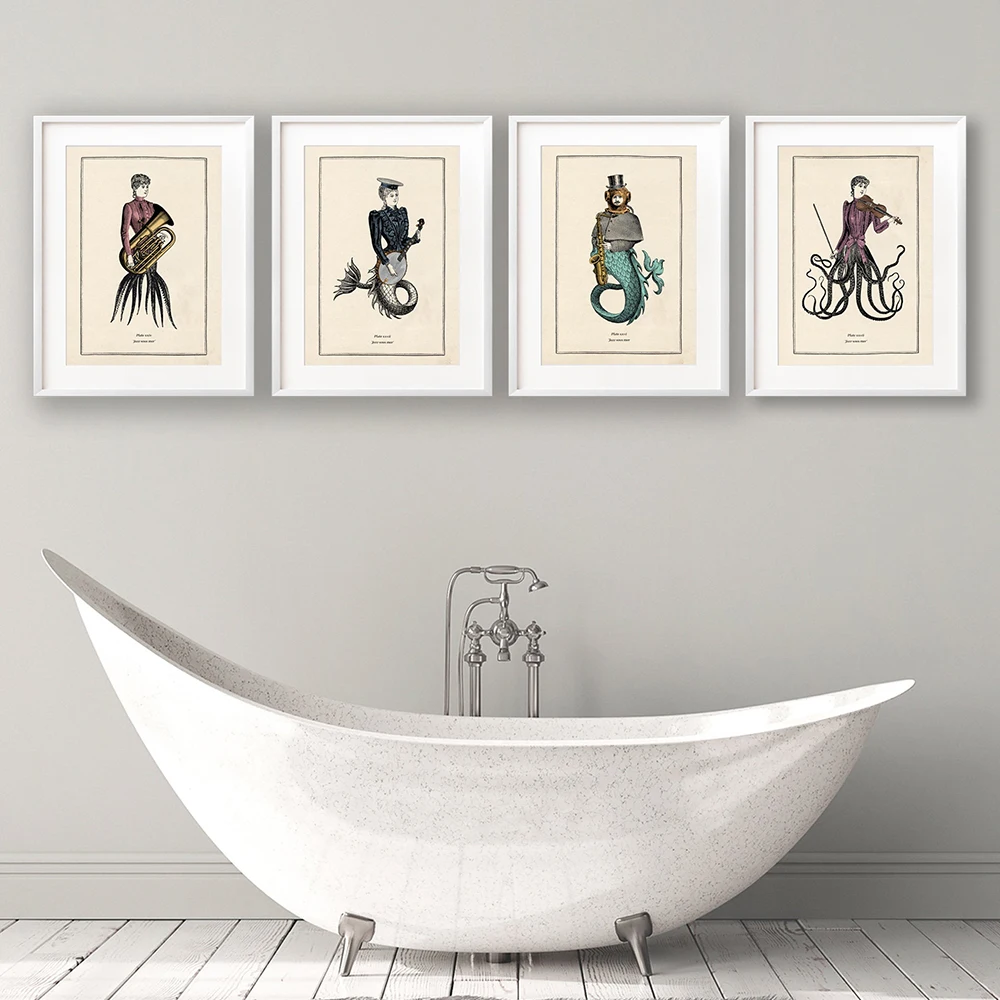 Funny Sea Monster Musical Canvas Painting Vintage Octopus Print Toilet Cloakroom Posters Punk Bathroom Wall Art Pictures Decor