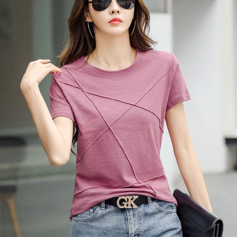 

Tee Shirt Femme Short Sleeve T Shirt Women Cotton 2021 Bright Line Korean Fashion Slim Summer Tops Tshirt Female Woman Clothes