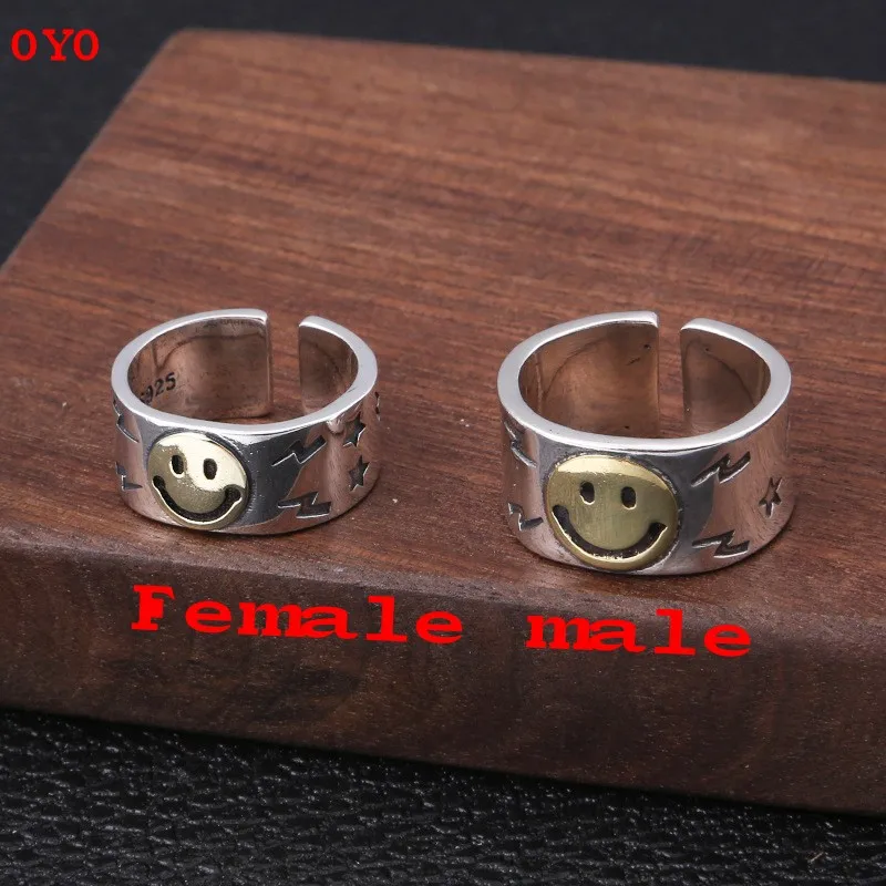 

100%S925 sterling silver fashion smiley ring personality male and female couple opening Thai silver index finger ring