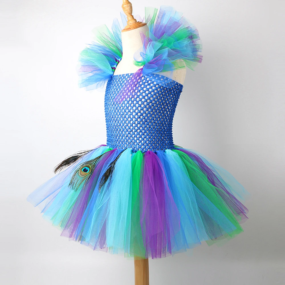 Princess Girl Peacock Tutu Dress for Kids Performance Halloween Costumes Girls Pageant Fancy Dresses Dance Birthday Party Outfit