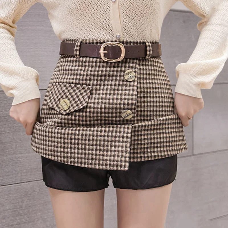 Women Woolen Hip Skirts Autumn Winter Buttons Vintage Plaid Mini-skirt Female Elegant Irregular Anti-glare High Waist Faldas Ins