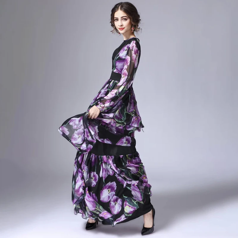 Luxury Designer High Quality Women’s Floral Print Chiffon Purple Maxi Long Sleeve Dress with Ruffles Runway Fashion 2024